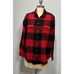 Old Navy Womens S Boyfriend Flannel Shirt Black & Red Buffalo Plaid Long Sleeve